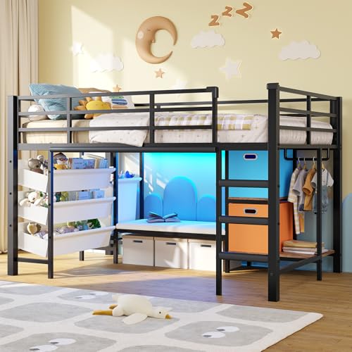DICTAC Low Twin Loft Bed with Reading Corner,3 Sling Drawers and 2 Movable Storage Bins,Metal Twin Size Loft Bed for Kids with LED Lights and Storage Basket,13.98" H Safety Guardrail & Stairs, Black DICTAC