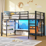 DICTAC Low Twin Loft Bed with Reading Corner,3 Sling Drawers and 2 Movable Storage Bins,Metal Twin Size Loft Bed for Kids with LED Lights and Storage Basket,13.98" H Safety Guardrail & Stairs, Black DICTAC