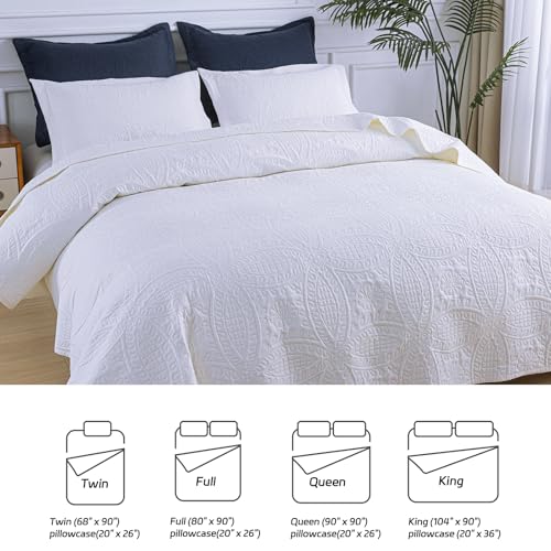SheRest Full Quilt Bedding Set - White Soft Breathable Bed Quilts, Modern Style Embossed Bedspreads, Lightweight Microfiber Reversible Coverlet for All Seasons-3 Pieces (1 Quilt,2 Pillow Shams) SheRest