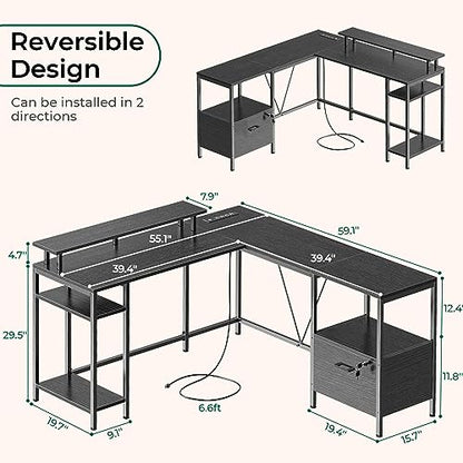 Huuger L Shaped Computer Desk with Power Outlets & LED Lights, Reversible Computer Desk with File Cabinet & Storage Shelves, Corner Desk Home Office Desk, Black - WoodArtSupply