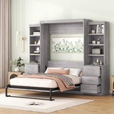 Merax Full Size Murphy Bed with Storage Shelves and Drawers, Full Size Murphy Bed Cabinet, Wood Wall Hidden Beds for Teens or Adults, No Box Spring Needed, Gray Merax