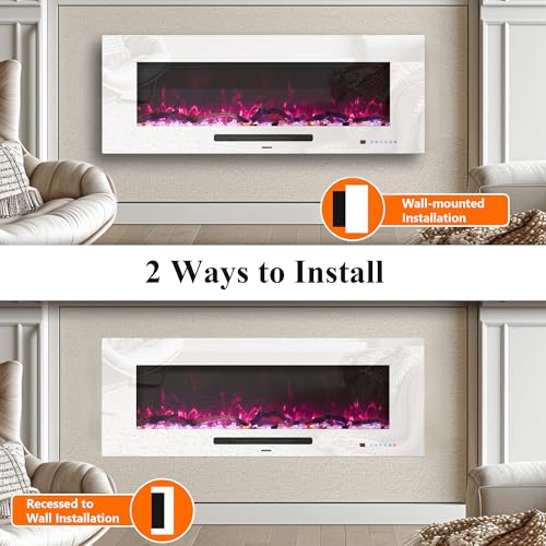 Dreamflame 50" Electric Fireplace, Recessed & Wall Mounted Fireplace Heater 13 * 13 Colors Flame &Fuel Bed w/5 Dimmer, Touchscreen &Remote Control Temp, Overheating Protect, Hardwired, 1500W, White Dreamflame