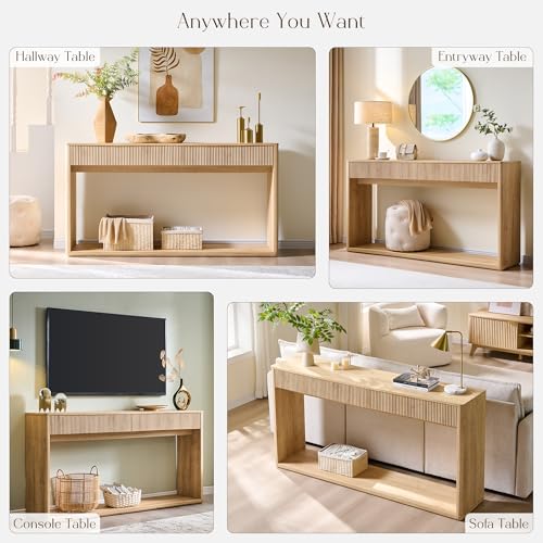 OKD 63" Fluted Console Table for Entryway, Modern Entryway Table with 2 Large Drawers, Long Sofa Table Behind Couch for Living Room, Hallway, Couch, Foyer，Natural Oak OKD