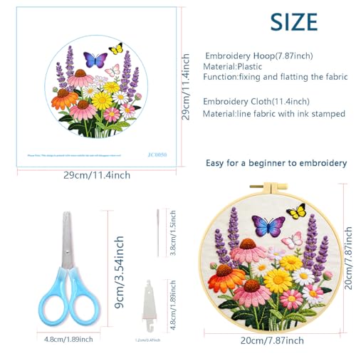 Zhenqing Flower Garden Embroidery Kit for Beginners, Pre-Printed 29x29cm Circular Cotton Fabric with 20cm Hoop, Vibrant Design with Butterflies and Lavender(JC0050