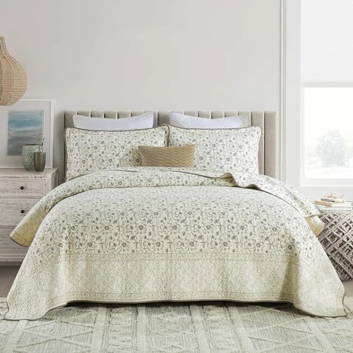 DDUOXIN 3 Piece Queen Quilt Set - 100% Cotton Soft Farmhouse Queen Quilt with 2 Pillow Shams, Botanical Style Floral Print Bedspread Lightweight Comforter Bedding Set, Purple Brown/Beige, Queen DDUOXIN