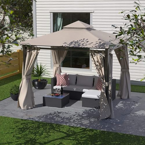 10X10FT Hardtop Gazebo, Heavy Duty Canopy Top Metal Frame Pavilion with Double Galvanized Steel Roof, Waterproof Outdoor Gazebo with Curtains and Netting for Backyard, Patio Deck and Lawns