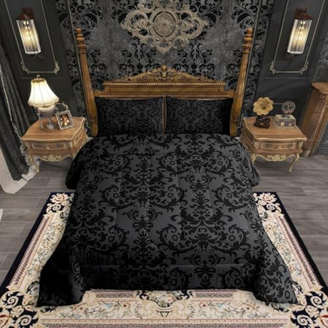 Erosebridal Adults Black Damask Bedding Set Antique Victorian Baroque Down Comforter Full Gothic Vintage Floral Comforter Set Bohemian Exotic Bedding Quilted Grey Bedroom Decor 2 Pillow Cases Erosebridal