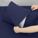 Queen Sheet Set for Air Mattress - Sheets Queen Size Bed Set - 3Pcs Side Storage Pocket Fitted Sheet & Pillowcases Easily Fits 16in to 24in Pillow Top Air Bed Mattress - Navy Blue Moonsea