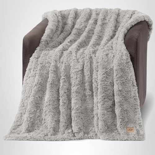 UGG Adalee Faux Fur Twin Blanket, Fluffy Blanket for Bed, Cozy Oversized Throw for Couch, Washable Twin XL Bedding, Luxury Home Decor, 66" x 90", Seal Grey UGG