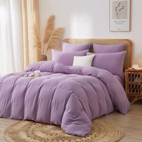 YASMENG 100% Cotton Muslin Duvet Cover Set Twin Size Purple, Ultra Soft Breathable Absorbent Gauze Bedding Duvet Cover, Luxurious Minimalist Natural Wrinkle Linen Textured Comforter Cover 68" x 90" YASMENG