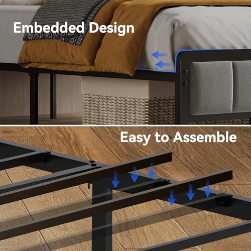 BedsPick Full Size Bed Frame with Ergonomic Headboard, Upholstered Metal Platform Bed Full with 2-Tier Storage, Charging Station, Smart LED Lights, Easy Assembly, No Box Spring Needed, Gray BedsPick