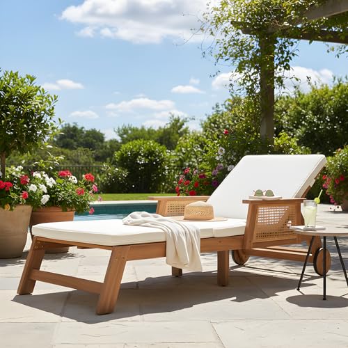 Merax Retro Acacia Wood Outdoor Chaise Lounge with Wheels & 3-Position Adjustable Backrest, Vintage Wicker Design Sun Lounger with Plush Removable Cushion for Patio, Garden & Poolside, Acacia Wood