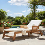 Merax Retro Acacia Wood Outdoor Chaise Lounge with Wheels & 3-Position Adjustable Backrest, Vintage Wicker Design Sun Lounger with Plush Removable Cushion for Patio, Garden & Poolside, Acacia Wood