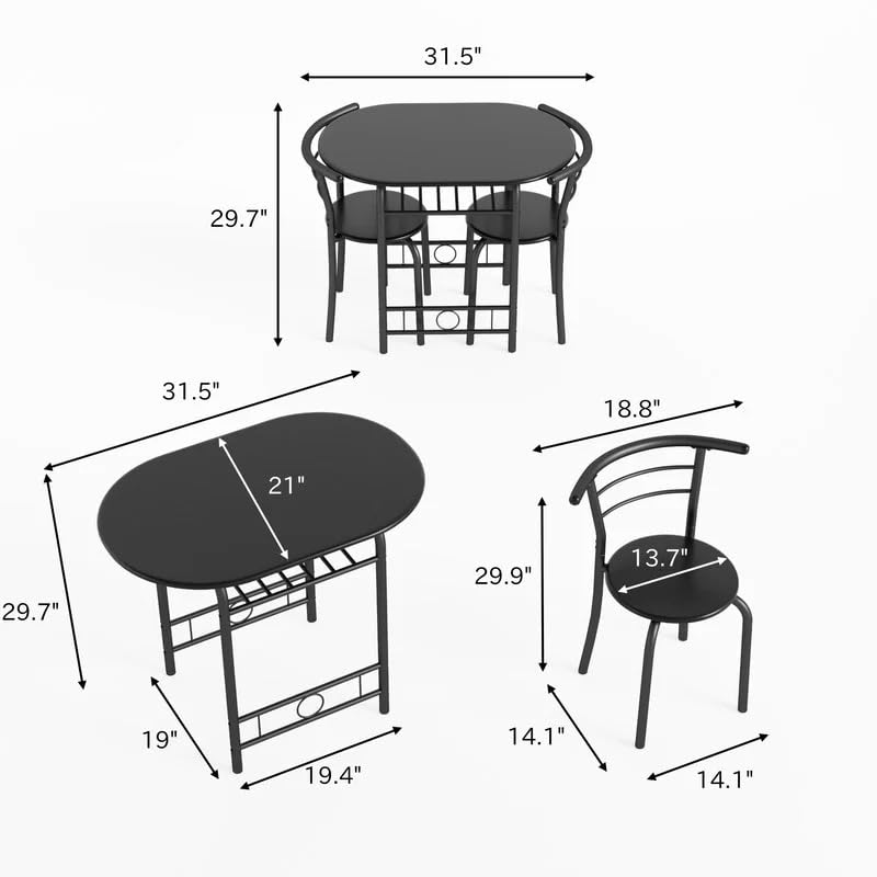 Shahoo 3-Piece Wooden Dining Table Set, Kitchen Breakfast Nook Sets with 2 Chairs & Round Tabletop, Space Saving Furniture Metal Frame and Built-in Wine Rack, Black Shahoo