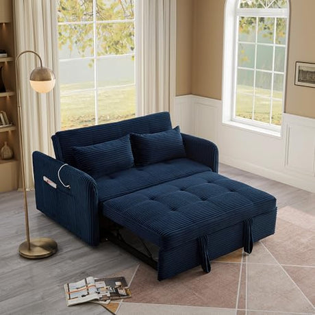 N NOORDENIYA 55.5" Corduroy Convertible Sofa Bed, Pull Out Sleeper Sofa Bed, Loveseat Couch with USB Charging Ports, 3 in 1 Convertible Sleeper Sofa Bed for Living Room, Apartment, Bedroom, RV, Blue N NOORDENIYA