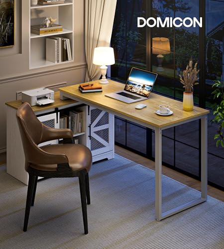 DOMICON Rustic Corner Desk with Storage, L Shaped Farmhouse Office Desk with Sufficient Storage Capacity, Built-in Power Socket and Barn Door Design - WoodArtSupply