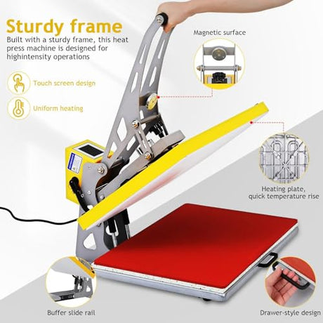 Semi-Auto Heat Press Machine:16x24 Heat Press Machine Slide Out - Digital Control 110v 2000w High-Pressure Sublimation Transfer Machine, for T-Shirts, Bags, Cushion, Yellow ZHVNFLOU
