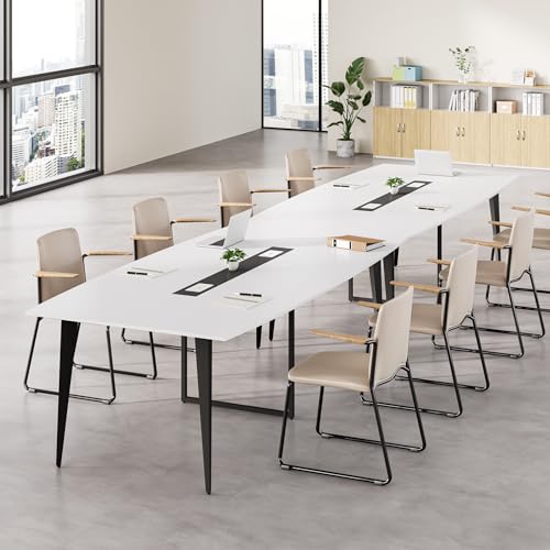 LITTLE TREE 8FT Conference Room Table, 94.48L x 47.21W x 29.52H Boat Shaped Meeting Table, White&Black LITTLE TREE