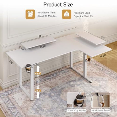 L Shaped Electric Standing Desk, 63x43'' Computer Desks with 2 Monitor Shelves, Dual Motor and Memory Controller, Gaming Corner Desk Adjustable Height from 28-46'' for Home Office Workstation, White ONBRILL