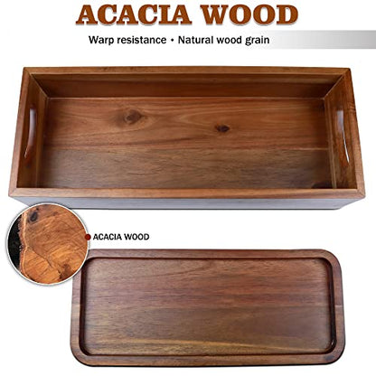 Handcrafted Acacia Wood Toilet Tank Basket Topper & Vanity Tray Set by Demigo - WoodArtSupply