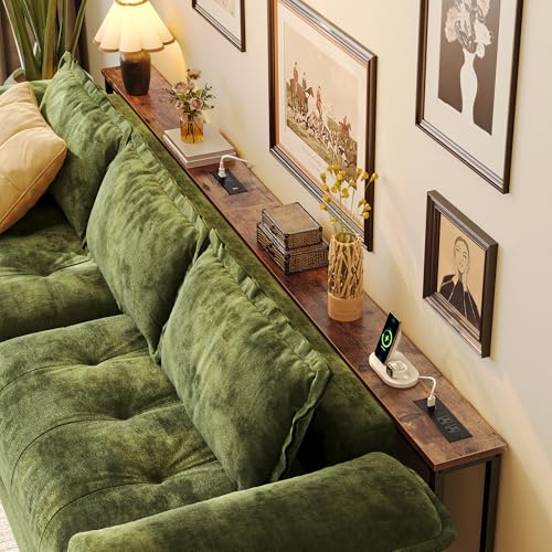 Huuger 102.4 Inch Sofa Table with Power Outlets, 23.9’’-34.4’’ Height Adjustable Range, Behind Couch Table with USB-C Ports, Sofa Tables Narrow Long, Skinny Console Table, Small Spaces, Rustic Brown Huuger