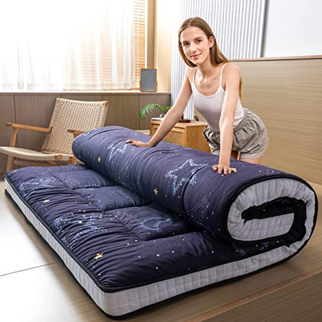 MAXYOYO Japanese Moon and Star Full Size Futon Mattress, Blue, Plush, 54"W x 80"L x 4"H, Foldable, Breathable, Reinforced Support, Moon and Star Pattern, Bedroom, Floor, Guest Room, Tent, Teepee MAXYOYO
