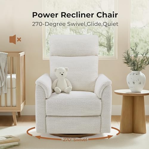 CHITA Power Swivel Glider for Adults with Nightlight, Nursery Recliner Chair with Power Headrest for Living Room, Bedroom, Water-Resistant Boucle Fabric, Boucle Fabric in Pearl