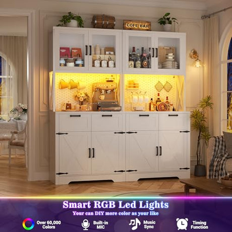 Unikito 71" Tall Kitchen Pantry Storage Cabinet with LED Light & Outlet, 63" Wide Kitchen Hutch Cabinet with Large Countertop, DIY Pegboard and Drawers, Farmhouse Food Pantry for Living Room, Unikito