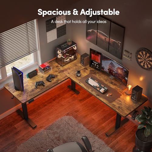 CubiCubi L Shaped Standing Desk 63 x 55 Inch Adjustable Height, Electric Corner Desk, Sit Stand Home Office Desk with Splice Board, Rustic Brown CubiCubi