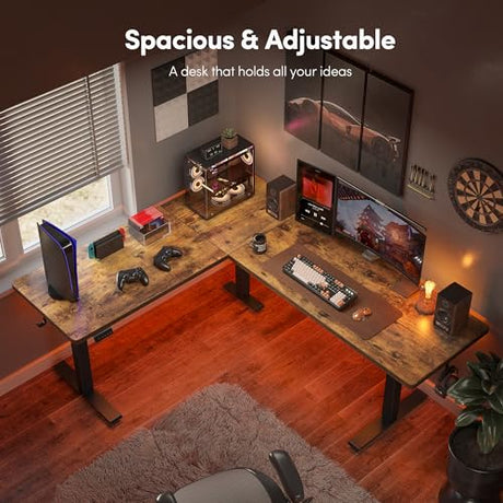 CubiCubi L Shaped Standing Desk 63 x 55 Inch Adjustable Height, Electric Corner Desk, Sit Stand Home Office Desk with Splice Board, Rustic Brown CubiCubi