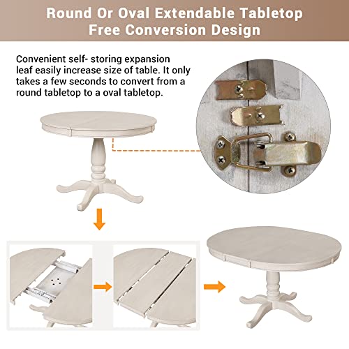Extendable Dining Table Set for 4, 5 Piece Kitchen Table and Chairs Set, 4 X-Back Solid Wood Dining ChairSet, Industrial Oval Round Dining Table for Small Space, Apartment, French Country White SCANORDIC