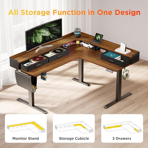 WALKINGDESK 63 Inches Height Adjustable L Shaped Standing Desk with 3 Drawers and Monitor Shelf, Electric Sit to Stand Home Office Comupter Table, Ergonomic Corner Gaming Desk, Black Walnut WALKINGDESK