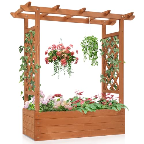 Outvita Raised Garden Bed with Trellis, Wood Planter Box with Hanging Roof, Side Trellis and Drainage Holes, Above Ground Elevated Garden Bed for Outdoor Climbing Plants Vegetables Flowers Herbs Outvita