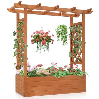 Outvita Raised Garden Bed with Trellis, Wood Planter Box with Hanging Roof, Side Trellis and Drainage Holes, Above Ground Elevated Garden Bed for Outdoor Climbing Plants Vegetables Flowers He - WoodArtSupply