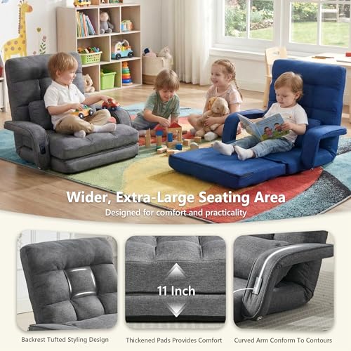 STHOUYN Comfy Floor Chair Bedroom 2 USB Charging Ports, 5-Position Couch Gaming Lounge Chairs Adults, Indoor Folding Lazy Sofa Meditation Arm Dorm Chair Living Room (Grey) STHOUYN