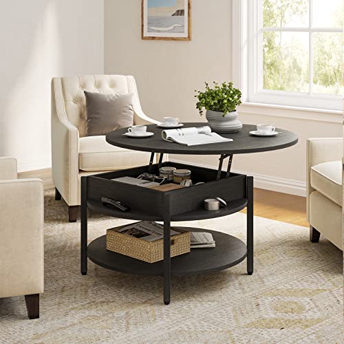 FABATO Round Lift Top Coffee Table for Living Room, 35.43'' Round Coffee Table with Storage and Hidden Compartment, 2 Tier Large Farmhouse Coffee Table Round Dining Table, Black - WoodArtSupply