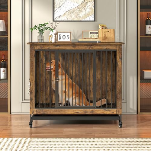 Advwin 38.6" Dog Crate Funiture with Removable Tray, Wooden Kennel Indoor, 2 Doors & 4 Wheels, Heavy Duty Sturdy Corner End Table, Cage for Small Medium Large Dogs, 38.6" L x 23.4" W x 32" H, Brown