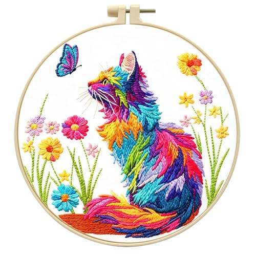 Zhenqing Rainbow Cat and Butterfly Embroidery Kit for Beginners, Whimsical Colorful Cat Design on Pre-Printed 29x29cm Circular Cotton Fabric with 20cm Hoop (C0209)
