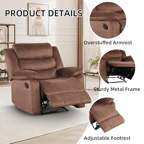 IOMOR Manual Recliner Chair with Overstuffed Arm and Extra-Padded Back, Breathable Fabric Reclining Chair for Adults, Single Sofa for Living Room, Bedroom (Fabric Brown)