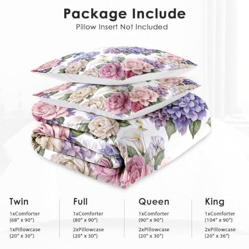WeCozy Queen Size Comforter Set with 2 Pillowcases, Painting Floral Rose Flower Hydrangea Soft 3 Pcs Bedding for Kids and Adults Bedroom Bed Decor WeCozy