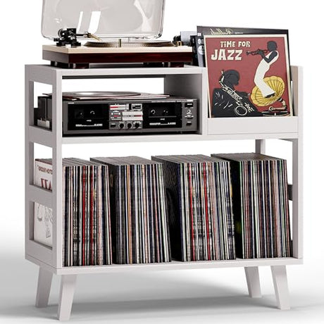 Uoders Record Player Stand with Vinyl Storage, Mid-Century Modern Turntable Stand Holds 150+ Albums, Record Player Table with Metal Dividers, Wood Media Console for Living Room (White, Single-Sided Small) UODERS