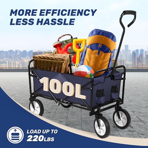 YSSOA Rolling Collapsible Garden Cart Camping Wagon, with 360 Degree Swivel Wheels & Adjustable Handle, 220lbs Weight Capacity,Blue YSSOA