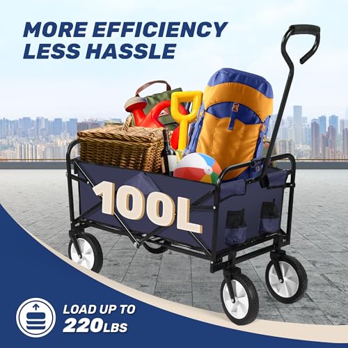 YSSOA Rolling Collapsible Garden Cart Camping Wagon, with 360 Degree Swivel Wheels & Adjustable Handle, 220lbs Weight Capacity,Blue