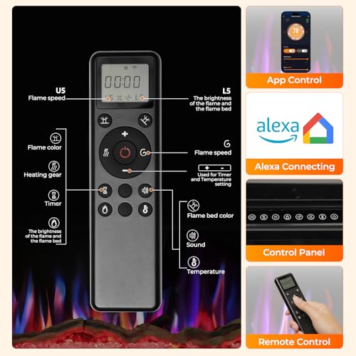 R.W.FLAME 60" Recessed and Wall Mounted Smart Electric Fireplace, Alexa/WiFi Enabled, APP Control with Multiple Sound Modes, Remote Control with Timer, Adjustable Flame Colors and Speed R.W.FLAME