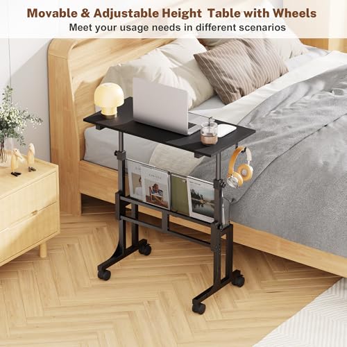 Height Adjustable Standing Desk With Storage, Small Stand Up Desk With wheels, Portable Rolling Desk for Home Office, Mobile Sit Stand Desk for Small Spaces, For Walking Pad Treadmill, Black Huxitocan