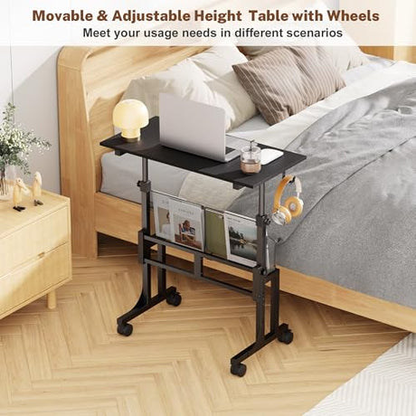 Height Adjustable Standing Desk With Storage, Small Stand Up Desk With wheels, Portable Rolling Desk for Home Office, Mobile Sit Stand Desk for Small Spaces, For Walking Pad Treadmill, Black Huxitocan