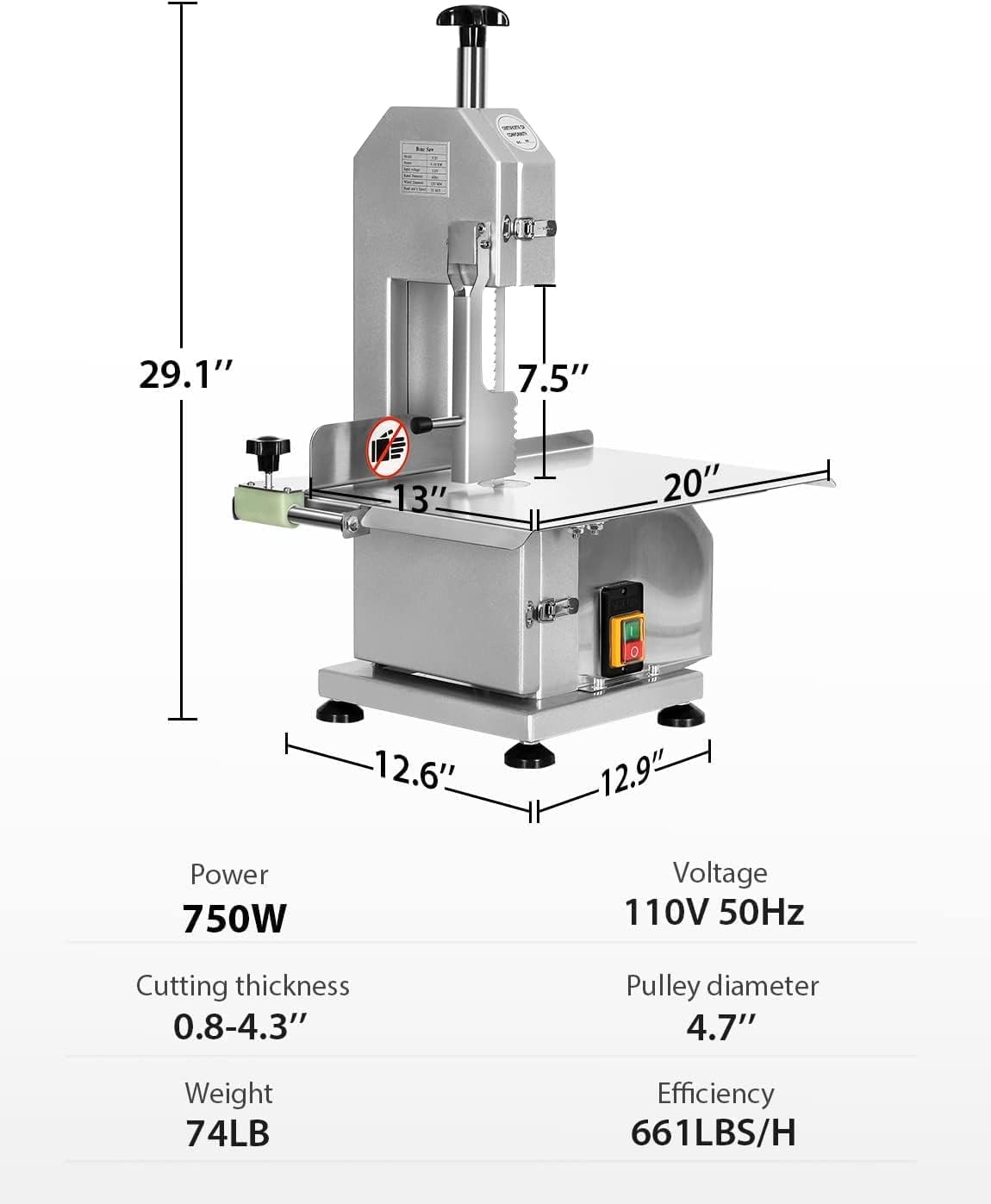 Electric Meat Bone Saw 750W Band Saw Commercial Meat Saw for Butcher Cutting Frozen Meat into Slice Bandsaw Machine 0.8-4.3“ Chop Thickness Bone FADHOLE