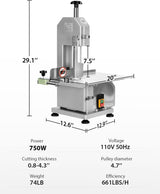 Electric Meat Bone Saw 750W Band Saw Commercial Meat Saw for Butcher Cutting Frozen Meat into Slice Bandsaw Machine 0.8-4.3“ Chop Thickness Bone FADHOLE