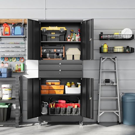 Letaya Metal Garage Storage Cabinet with Wheels,Rolling Tool Cabinet with 4 Door Lock-Adjustable Shelves and 2 Drawer for Garage Home Office Utility Room (Black with Wheels) Letaya