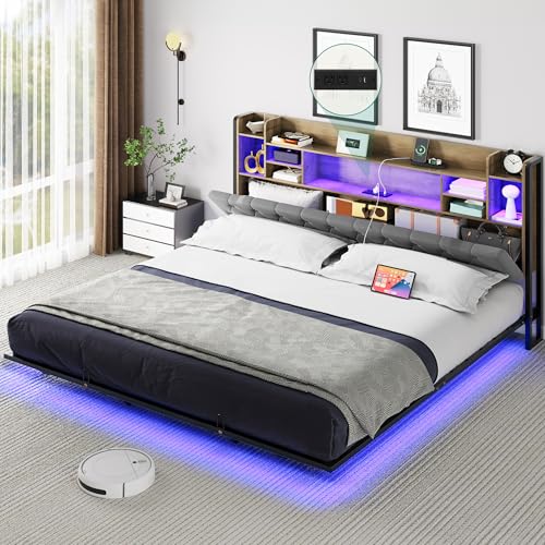 YITAHOME King Floating Bed Frame, Upholstered Platform Bed with RGB LED Lights, Headboard Storage, and Charging Station, No Box Spring Needed,Dark Gray YITAHOME
